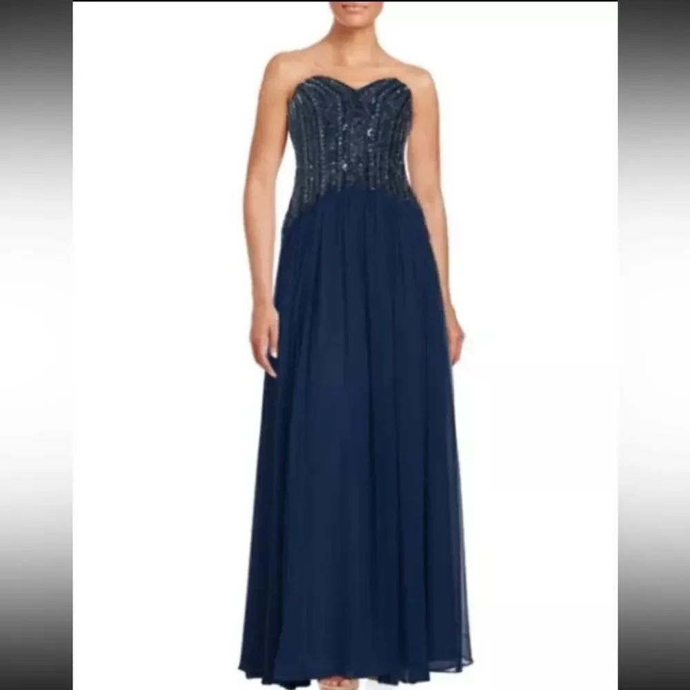David Meister Blue Strapless Sequin Gown